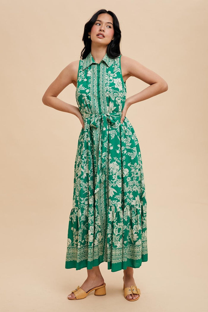 Green Floral Border Print Lapel Button Down Maxi Dress