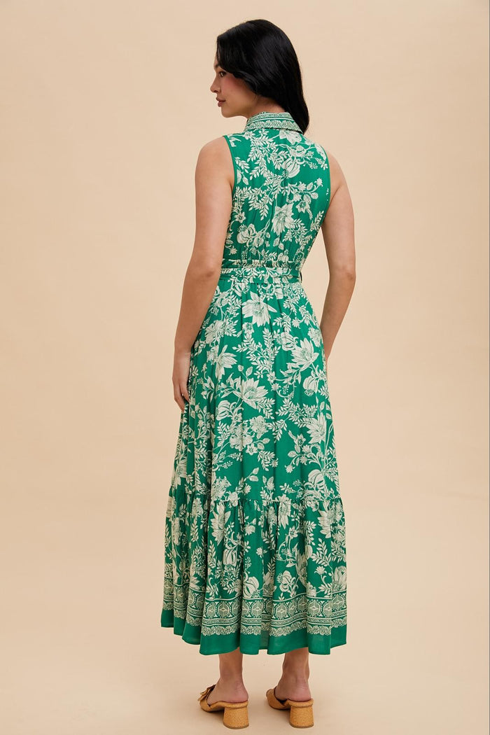 Green Floral Border Print Lapel Button Down Maxi Dress
