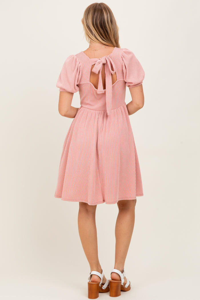 Mauve Square Neck Puff Sleeve Rib Babydoll Dress