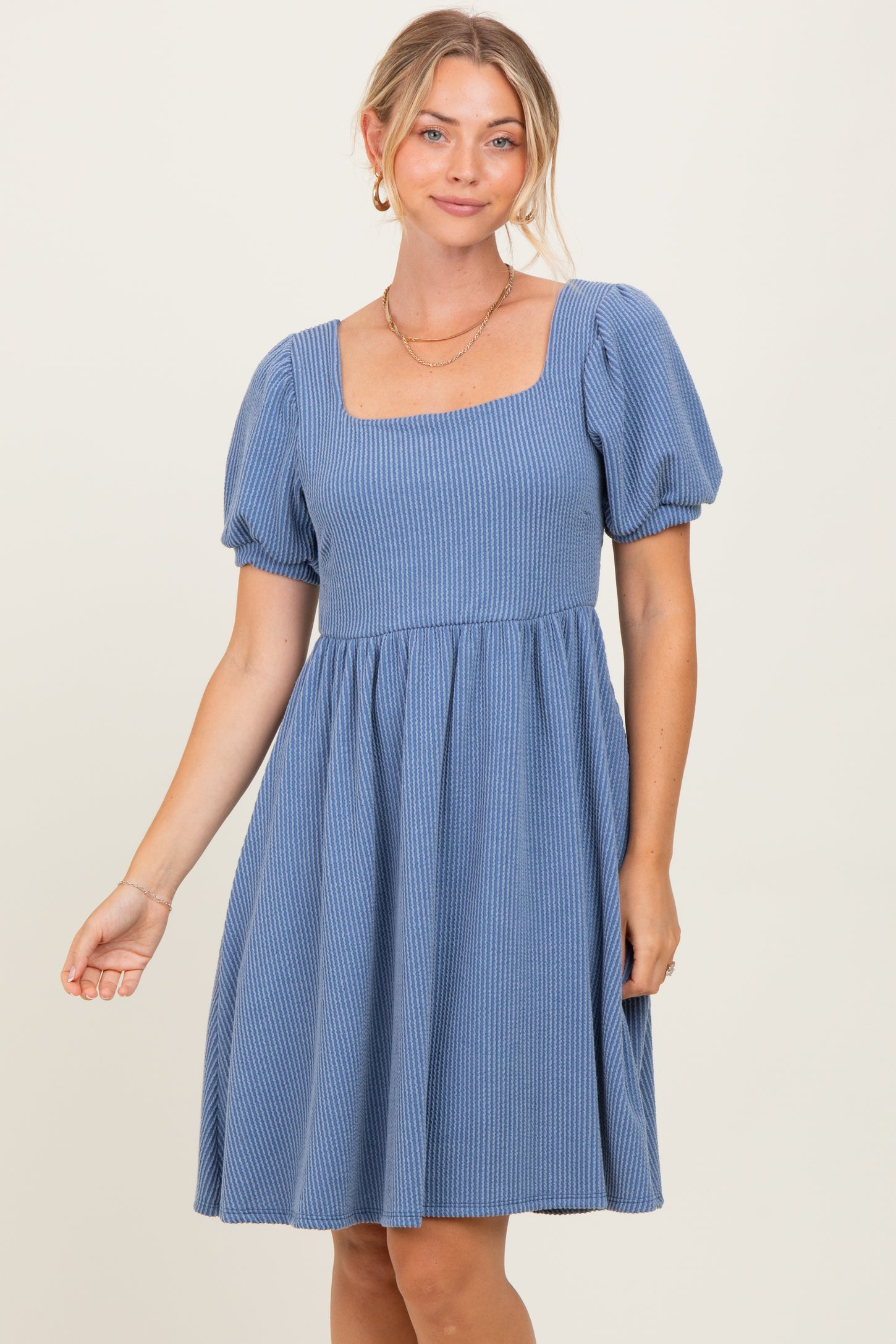 Blue Square Neck Puff Sleeve Rib Babydoll Dress
