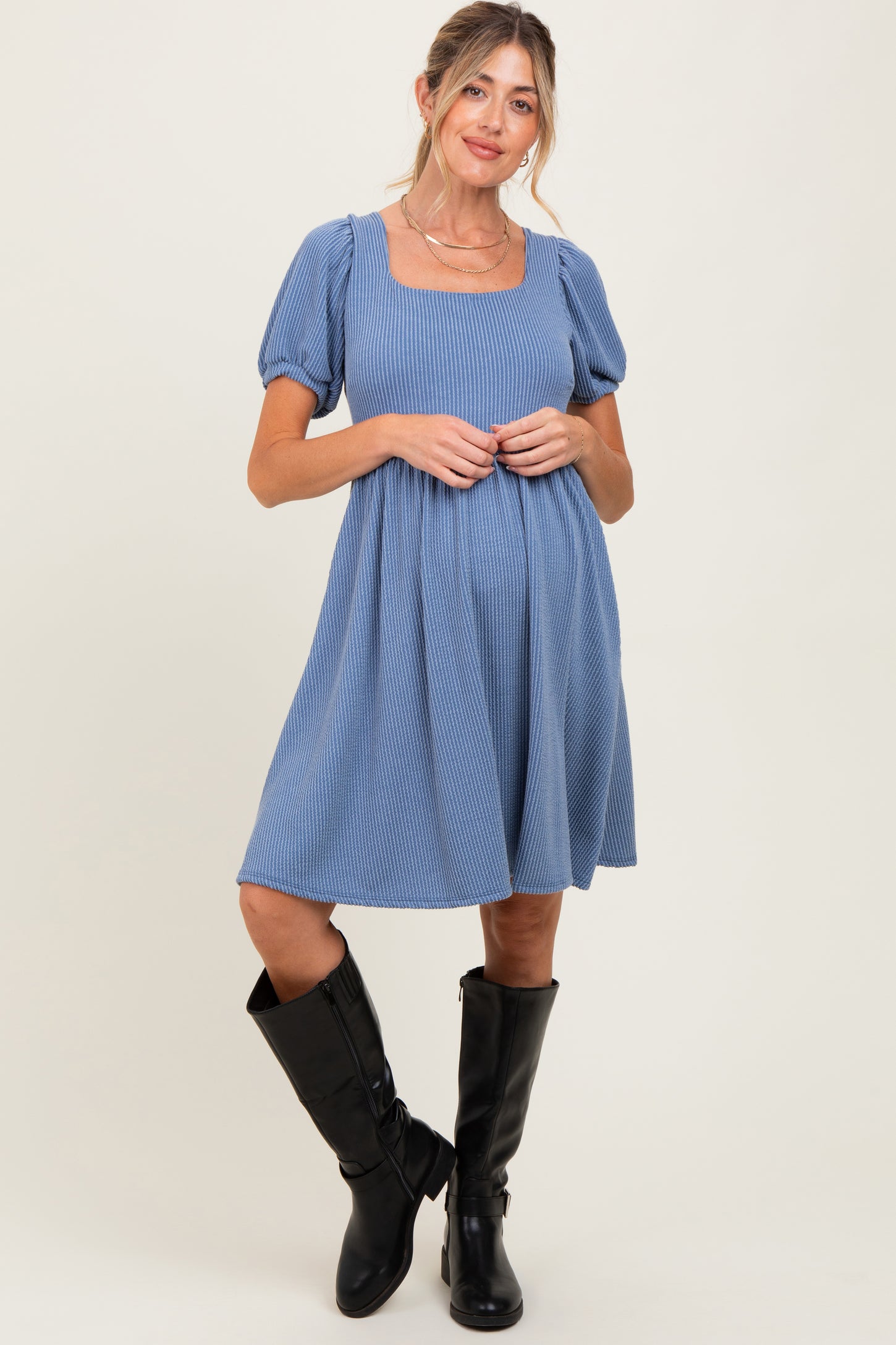 Blue Square Neck Puff Sleeve Rib Babydoll Maternity Dress