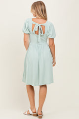 Sage Square Neck Puff Sleeve Rib Babydoll Dress