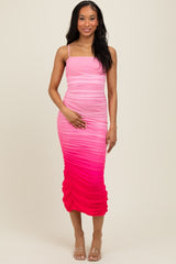 Pink Mesh Ombre Ruched Maternity Midi Dress