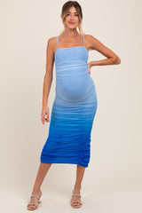 Blue Mesh Ombre Ruched Maternity Midi Dress