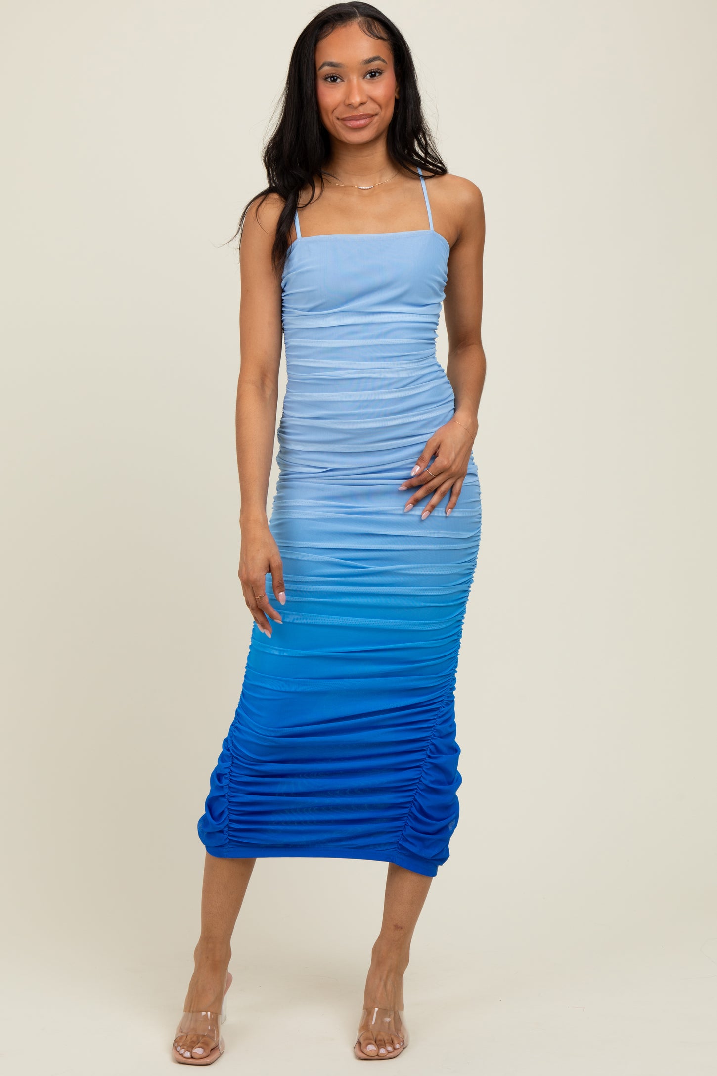 Blue Mesh Ombre Ruched Midi Dress