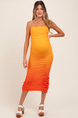 Orange Mesh Ombre Ruched Maternity Midi Dress