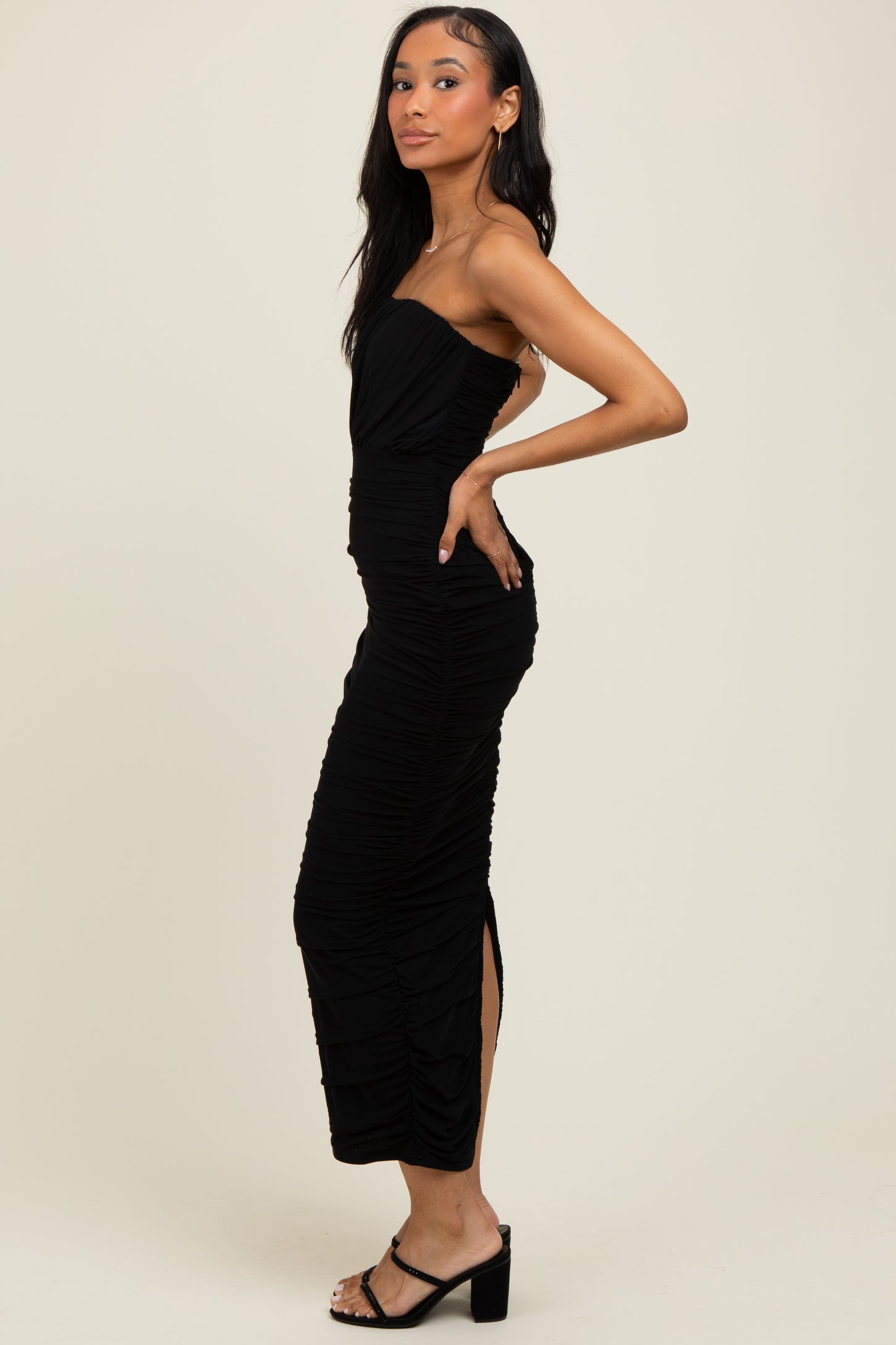 Black Mesh Strapless Ruched Maternity Dress