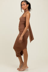 Mocha Mesh Draped Scarf Ruched Midi Dress