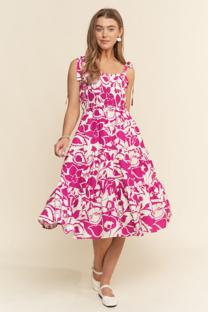 Fuchsia Bloom Floral Print Tie Strap Smocked Tiered Maternity Dress