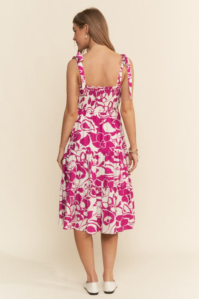 Fuchsia Bloom Floral Print Tie Strap Smocked Tiered Dress