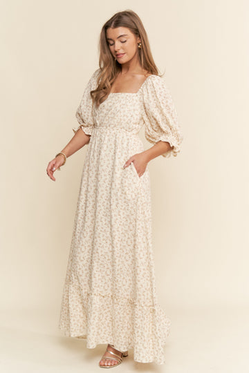 Beige Floral Print Square Neckline Maxi Dress