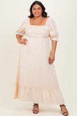 Beige Floral Print Square Neckline Plus Maternity Maxi Dress