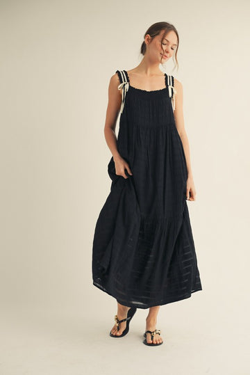 Black Bow Tie Accent Tiered Maxi Dress