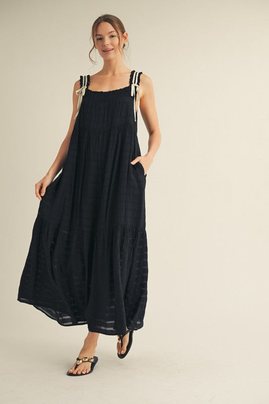 Black Bow Tie Accent Tiered Maxi Dress