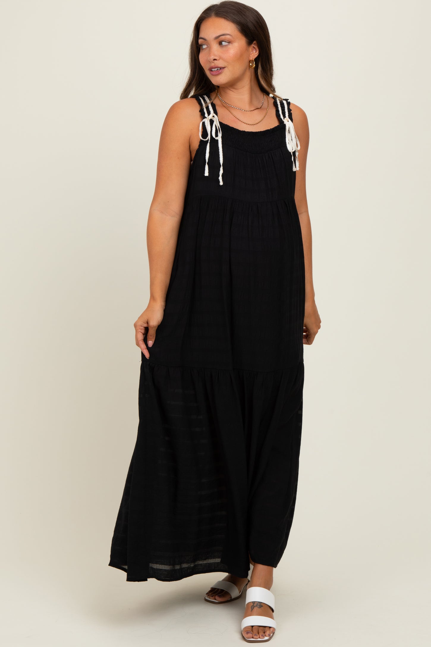 Black Bow Tie Accent Tiered Maternity Maxi Dress