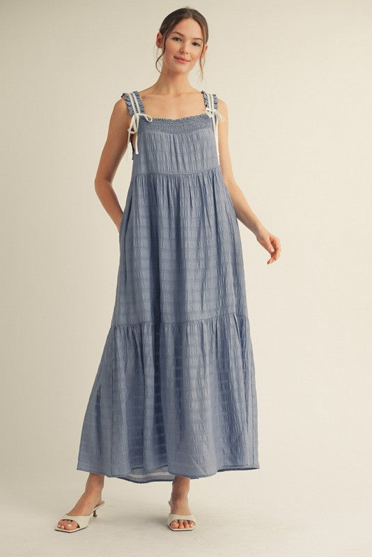 Blue Bow Tie Accent Tiered Maternity Maxi Dress