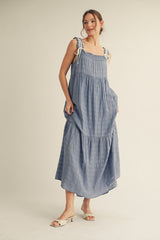 Blue Bow Tie Accent Tiered Maxi Dress