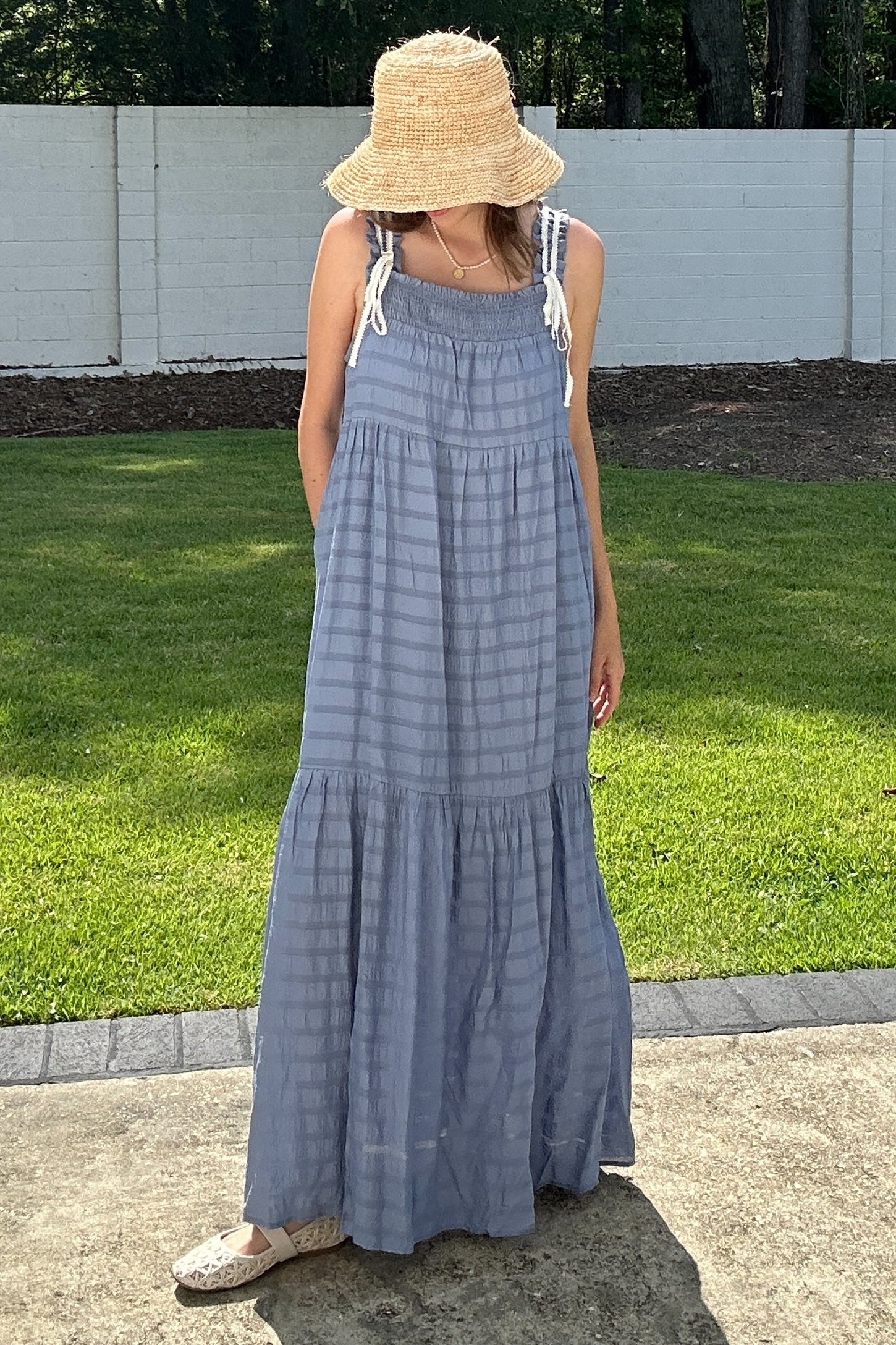 Blue Bow Tie Accent Tiered Maxi Dress