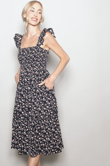 Black Floral Smocked Ruffle Strap Midi Dress