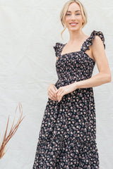 Black Floral Smocked Ruffle Strap Midi Dress