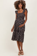 Black Floral Smocked Ruffle Strap Maternity Midi Dress