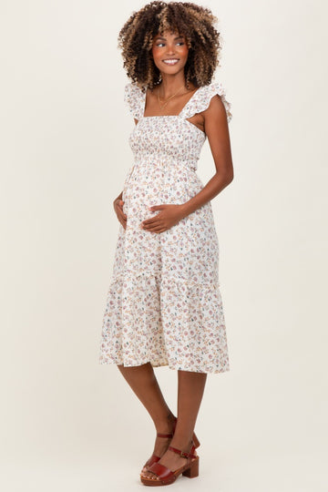 Ivory Floral Smocked Ruffle Strap Maternity Midi Dress