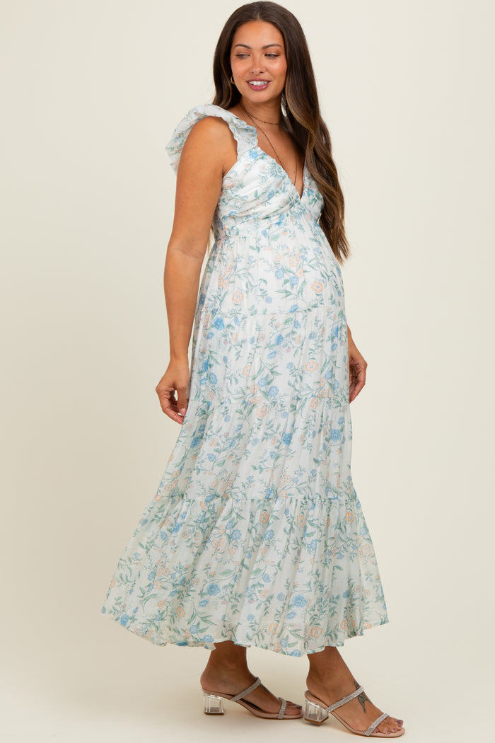 Blue Floral V-Neck Ruffle Strap Tiered Maternity Midi Dress