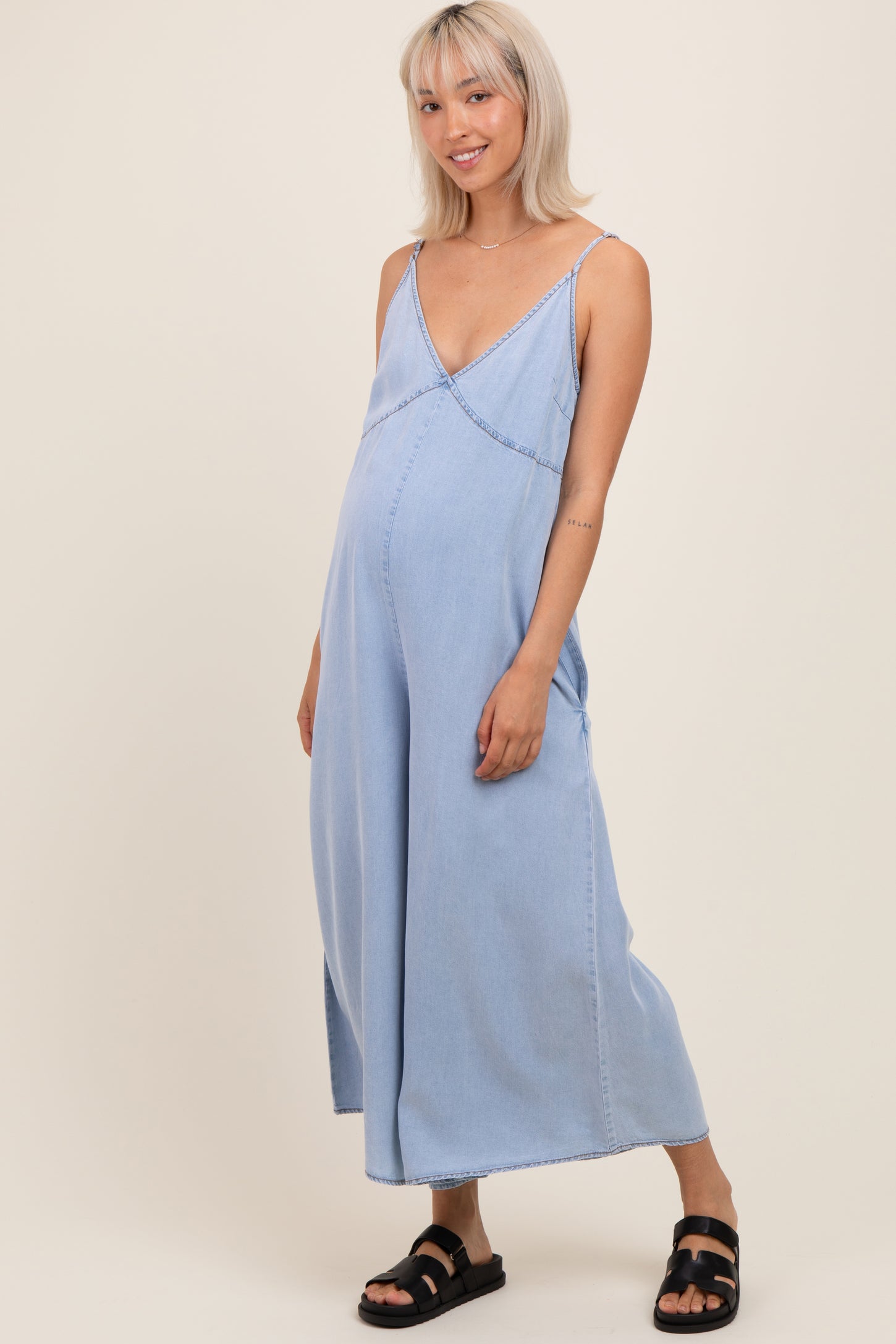 Light Blue Chambray V-Neck Sleeveless Wide Leg Maternity Jumpsuit