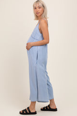 Light Blue Chambray V-Neck Sleeveless Wide Leg Maternity Jumpsuit