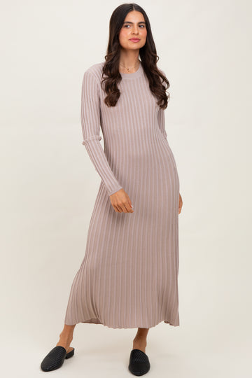 Beige Ribbed Long Sleeve Sweater Midi Dress