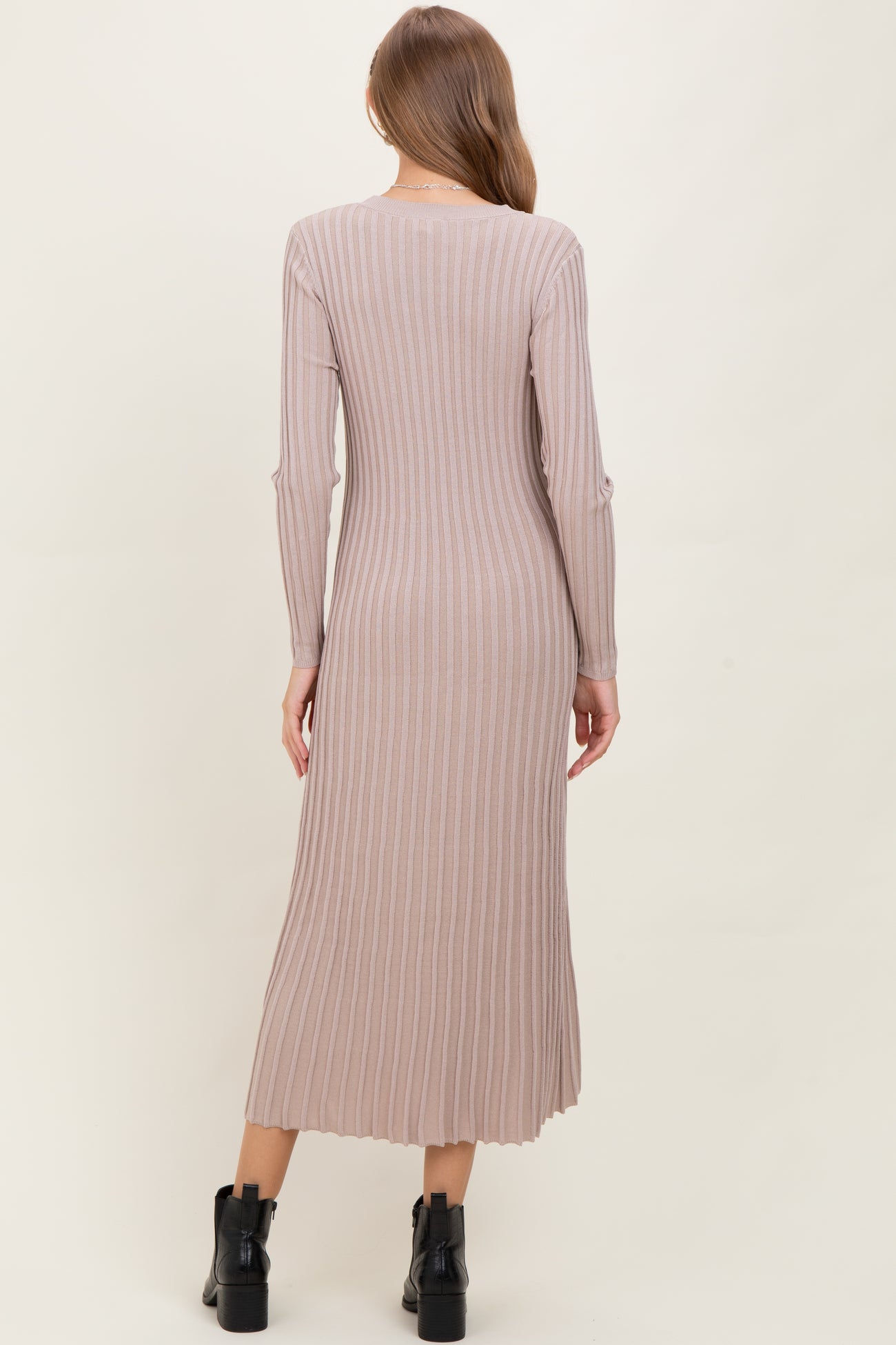 Beige Ribbed Long Sleeve Maternity Sweater Midi Dress