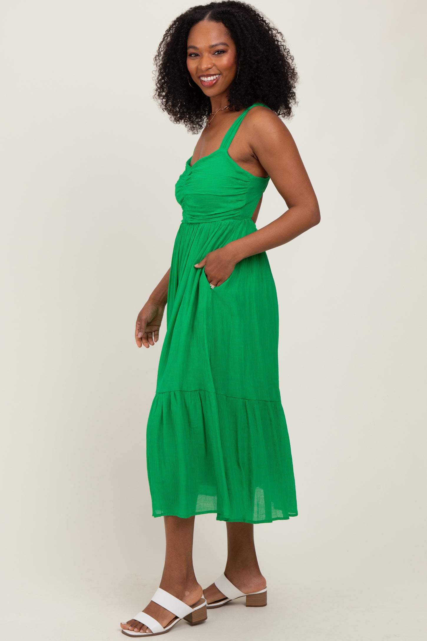 Green Cinched Bust Cutout Midi Dress