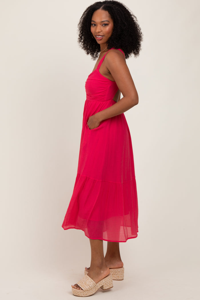 Fuchsia Cinched Bust Cutout Midi Dress