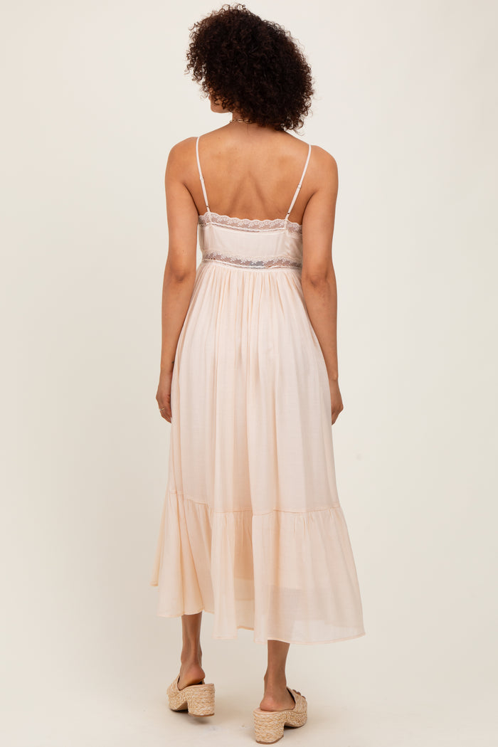 Cream Lace Detail Button Front Sleeveless Midi Dress