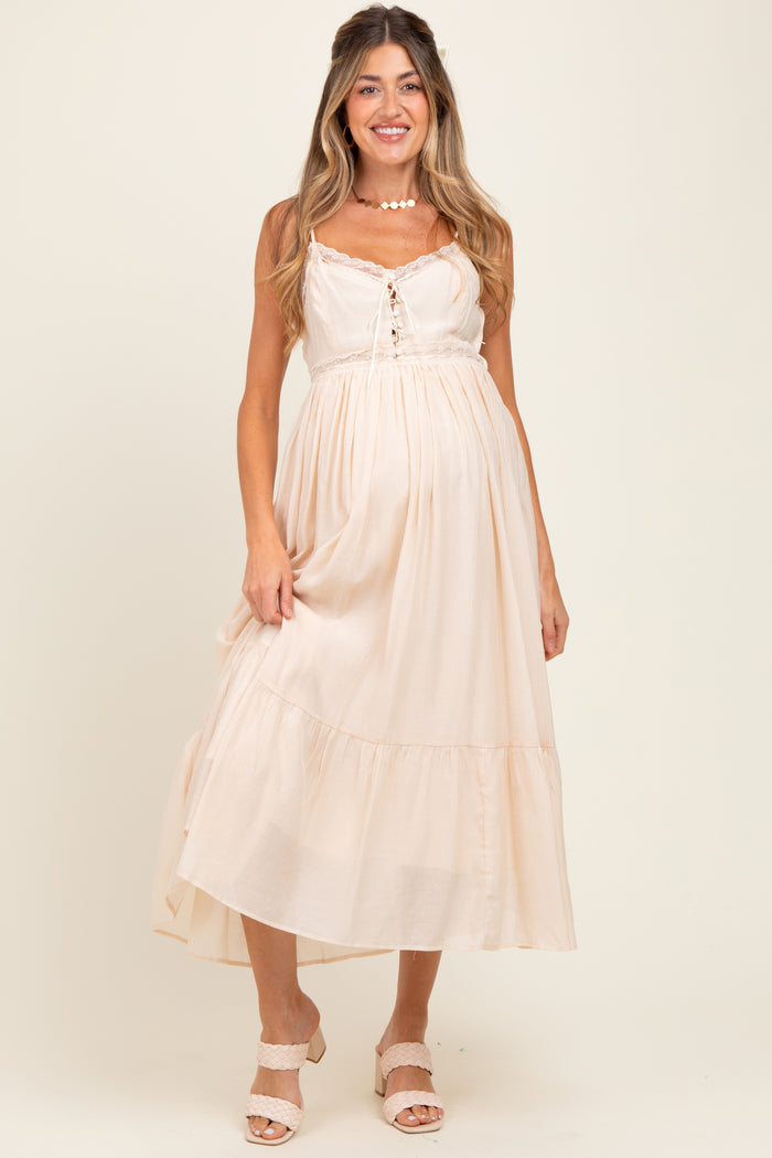 Cream Lace Detail Button Front Sleeveless Maternity Midi Dress