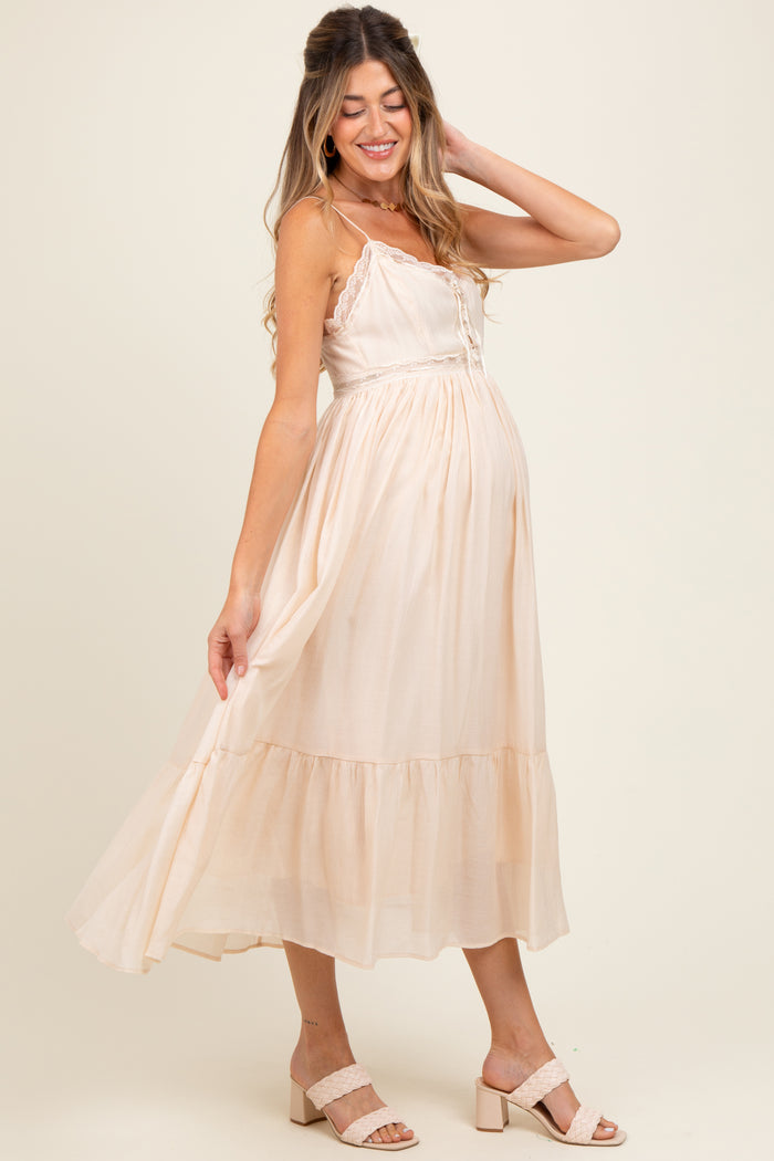 Cream Lace Detail Button Front Sleeveless Maternity Midi Dress