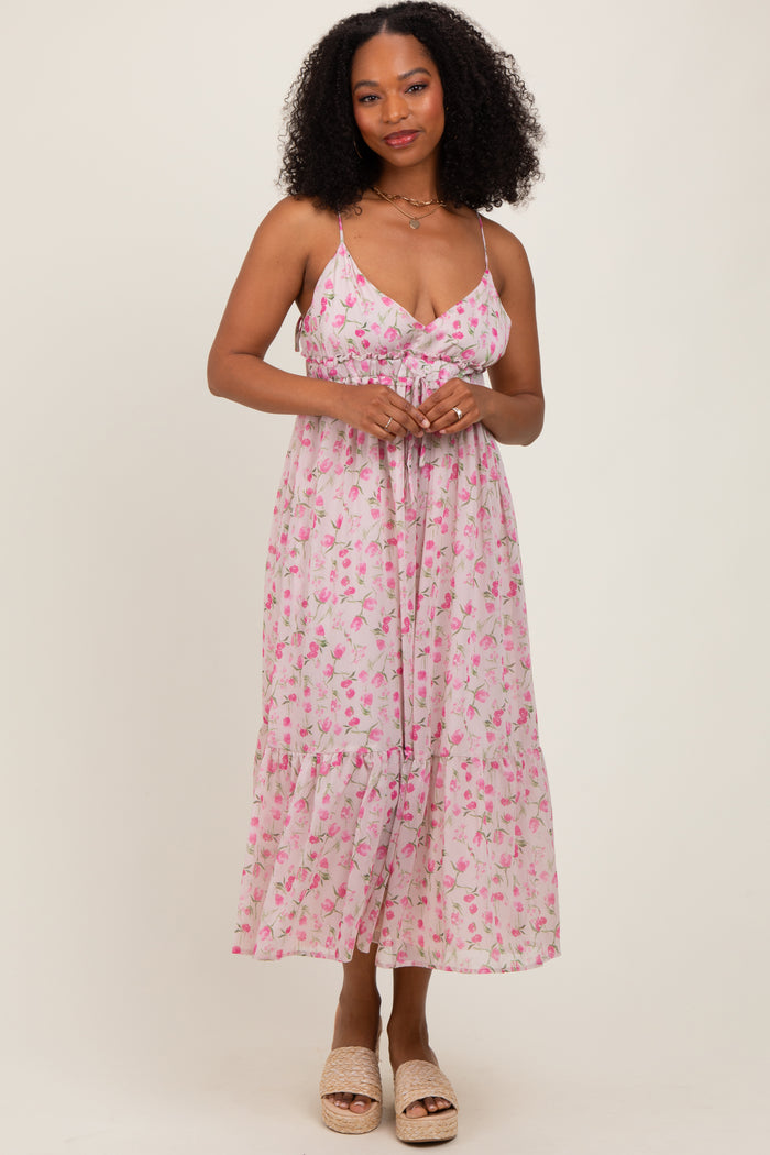 Pink Floral V-Neck Sleeveless Side Tie Midi Dress
