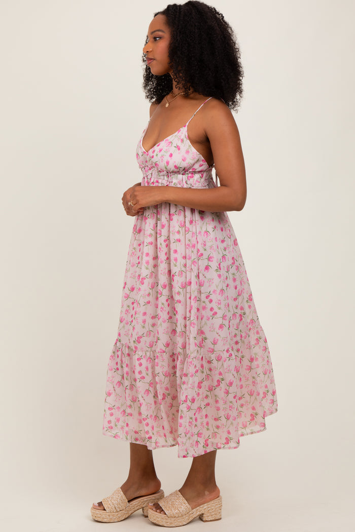 Pink Floral V-Neck Sleeveless Side Tie Midi Dress