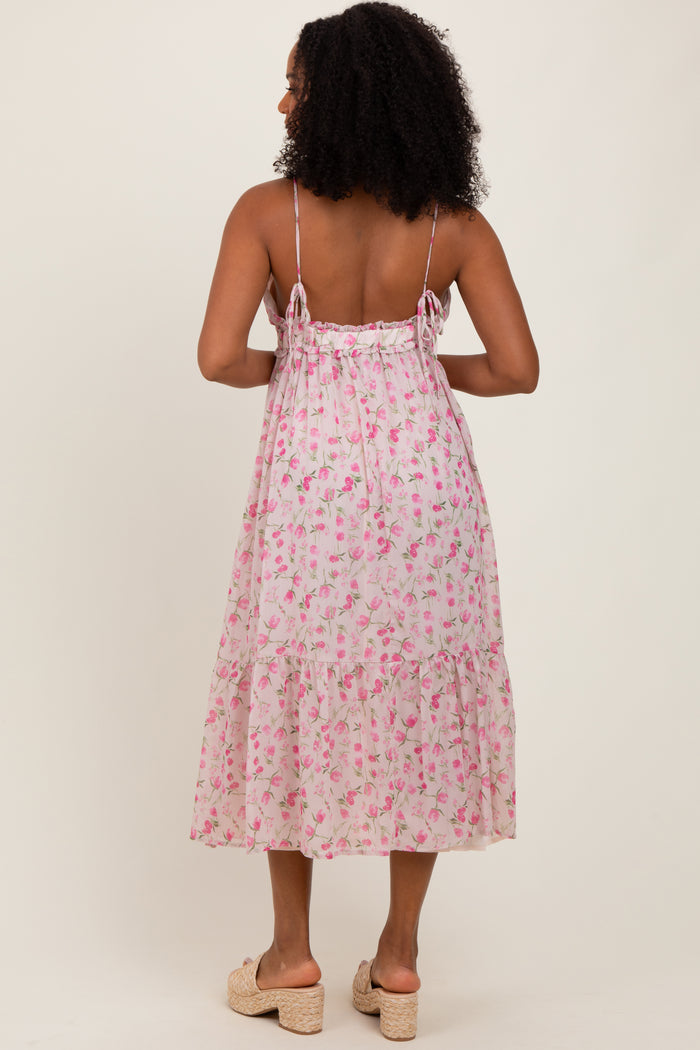 Pink Floral V-Neck Sleeveless Side Tie Midi Dress
