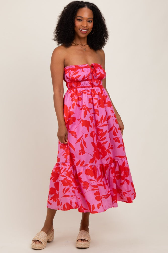 Pink Floral Strapless Front Tie Maternity Midi Dress