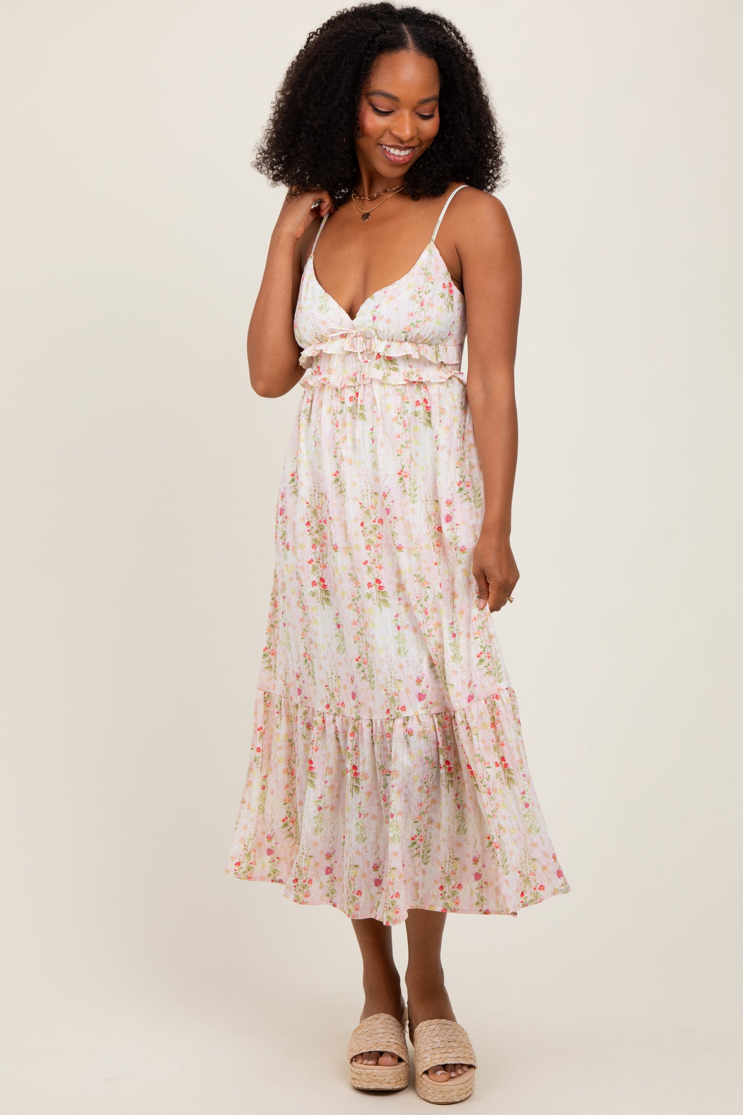 Yellow Floral Ruffle Accent Sleeveless Maternity Midi Dress