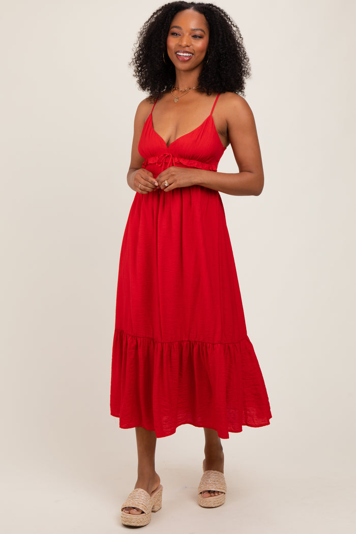 Red Ruffle Accent Sleeveless Midi Dress