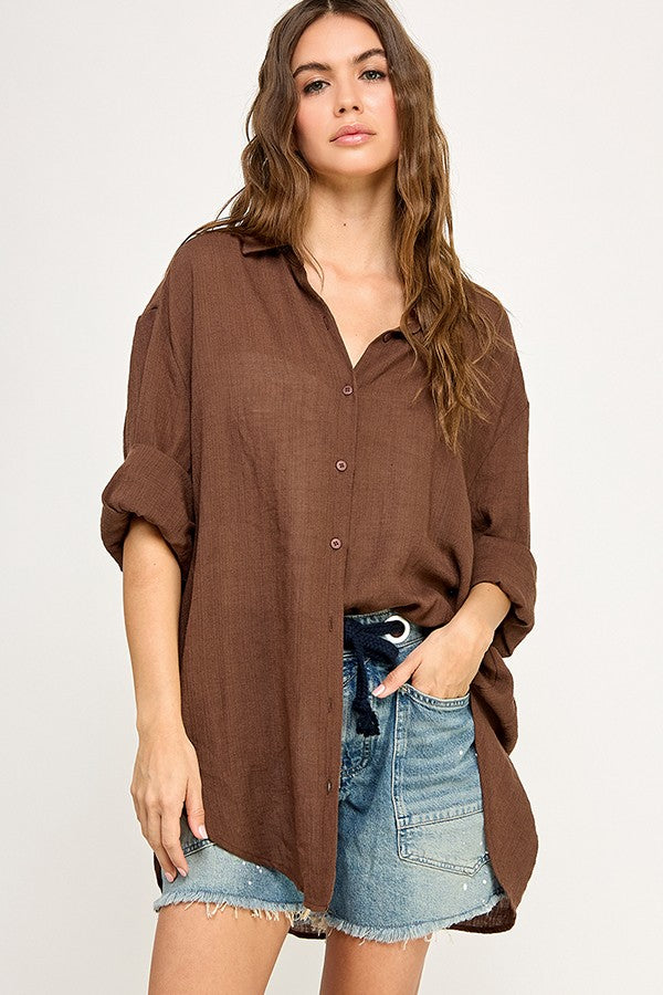 Light Brown Lightweight Sheer Button Down Maternity Blouse