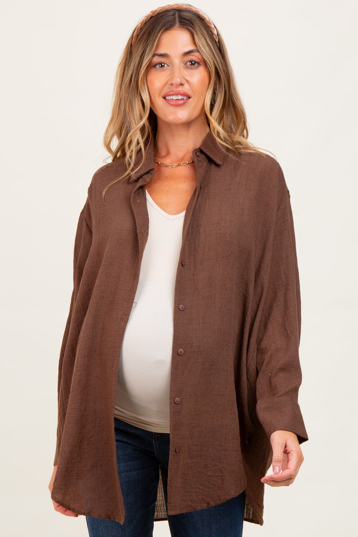 Light Brown Lightweight Sheer Button Down Maternity Blouse