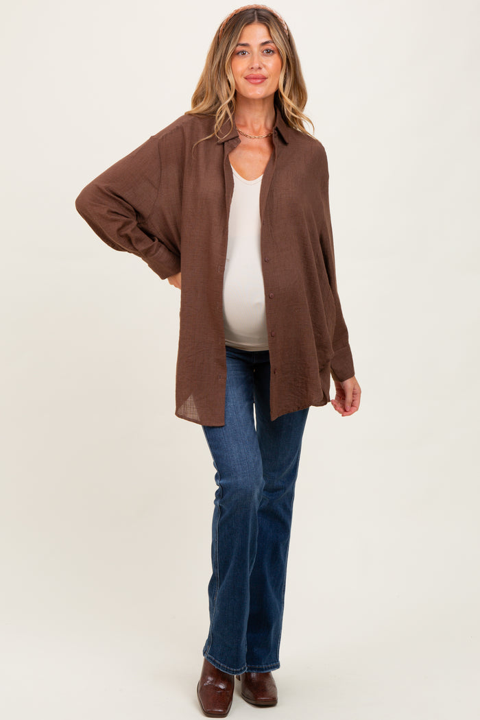 Light Brown Lightweight Sheer Button Down Maternity Blouse