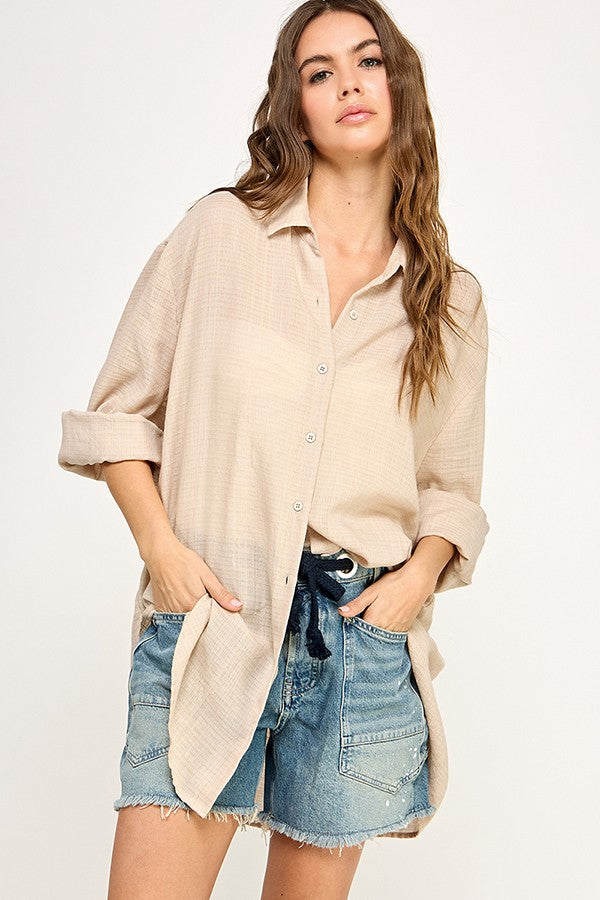 Light Beige Lightweight Sheer Button Down Maternity Blouse