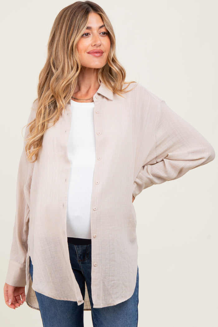 Light Beige Lightweight Sheer Button Down Maternity Blouse