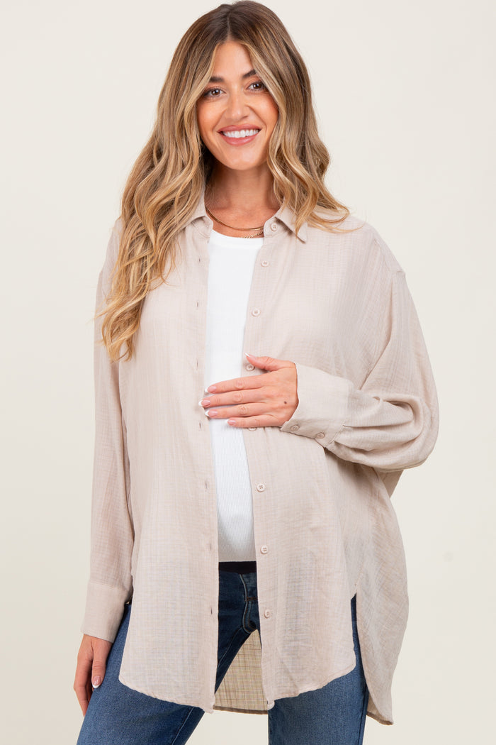 Light Beige Lightweight Sheer Button Down Maternity Blouse