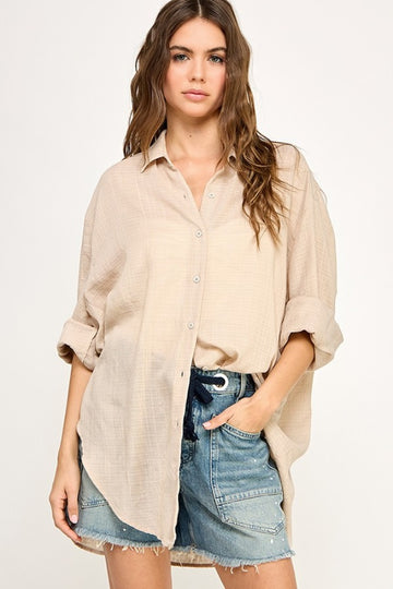 Light Beige Lightweight Sheer Button Down Blouse