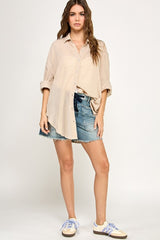 Light Beige Lightweight Sheer Button Down Blouse